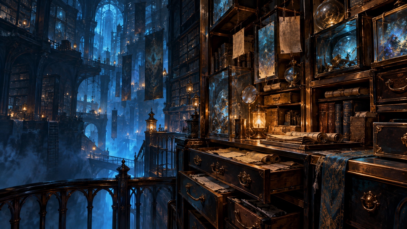 An imagined towering archive with luminous blue depth, bronze drawers, scrolls and glass displays